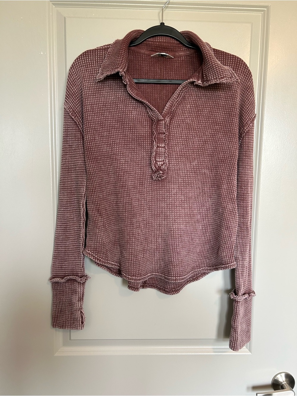 Hard Tail Waffle-Knit Long-Sleeve Polo Top in Mauve